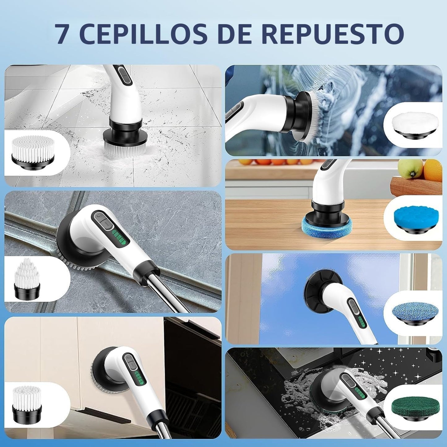 Cepillo Electrico Limpieza Hogar, Cepillo Limpieza Hogar Con 7 Cabezales Reemplazables Y Impermeable IPX7, Fregadora Giratoria Eléctrica, Cepillo Para Limpieza Del Hogar, Baño, Suelos, Azulejos